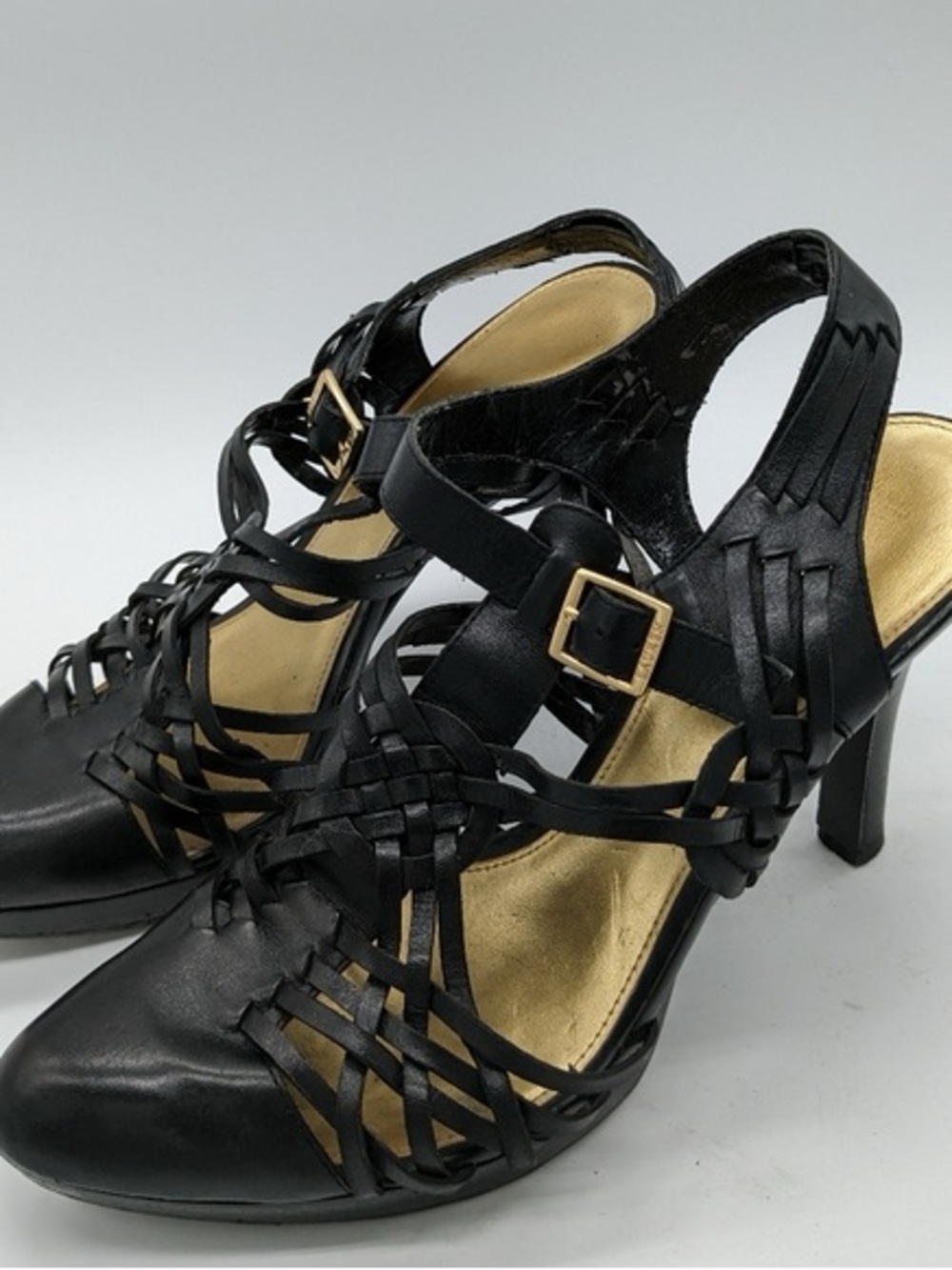 EUC Lauren Ralph Lauren Black Strappy Woven Heels with Gold Accents